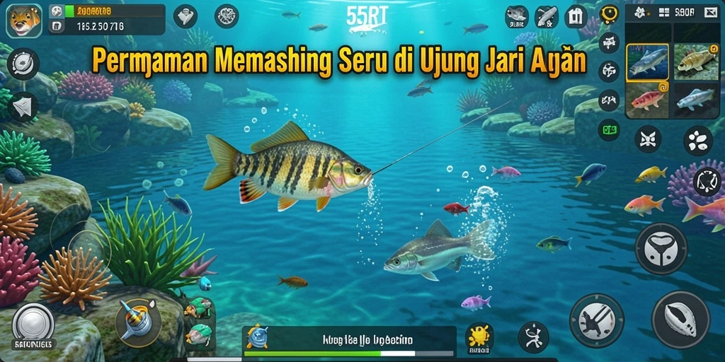 Screenshot gameplay 55RT yang menampilkan pengalaman memancing yang mendebarkan.
