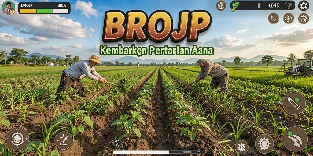 Screenshot gameplay <strong>BROJP</strong> menunjukkan lahan pertanian yang indah dan beragam tanaman.