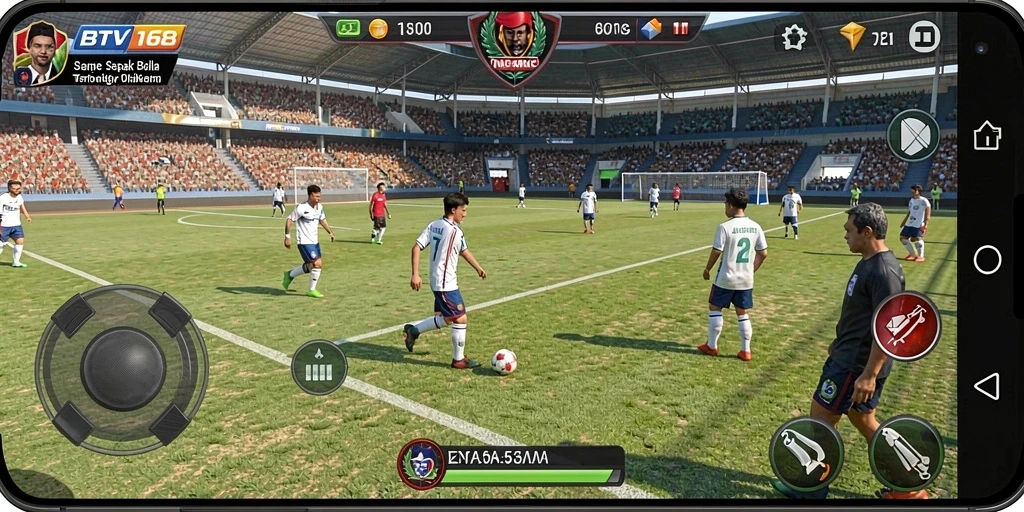 Tangkapan layar gameplay BTV168 menunjukkan aksi seru dalam pertandingan sepak bola.