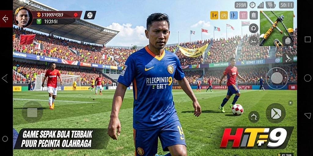 Tangkapan layar utama dari gameplay HIT9 menampilkan aksi sepak bola yang mendebarkan.
