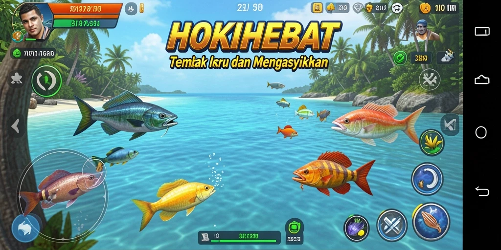 Gameplay HOKIHEBAT dengan menembak ikan di lautan.