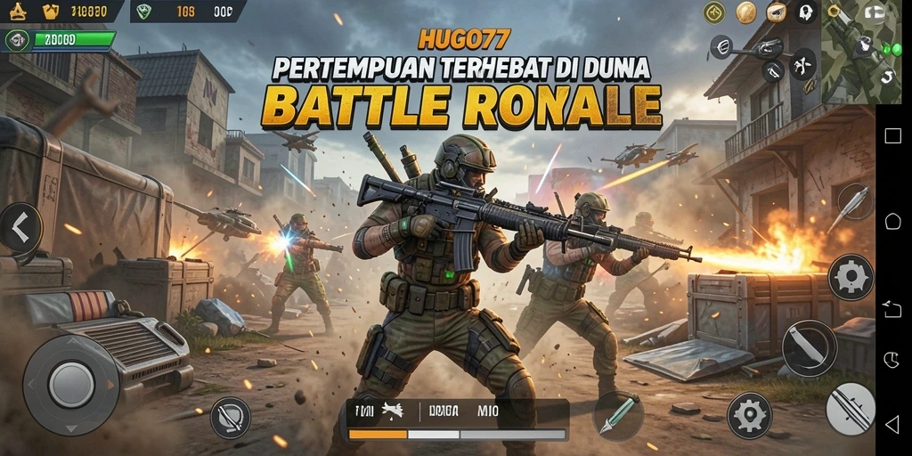 Screenshot gameplay HUGO77 menampilkan pertarungan Battle Royale yang seru.