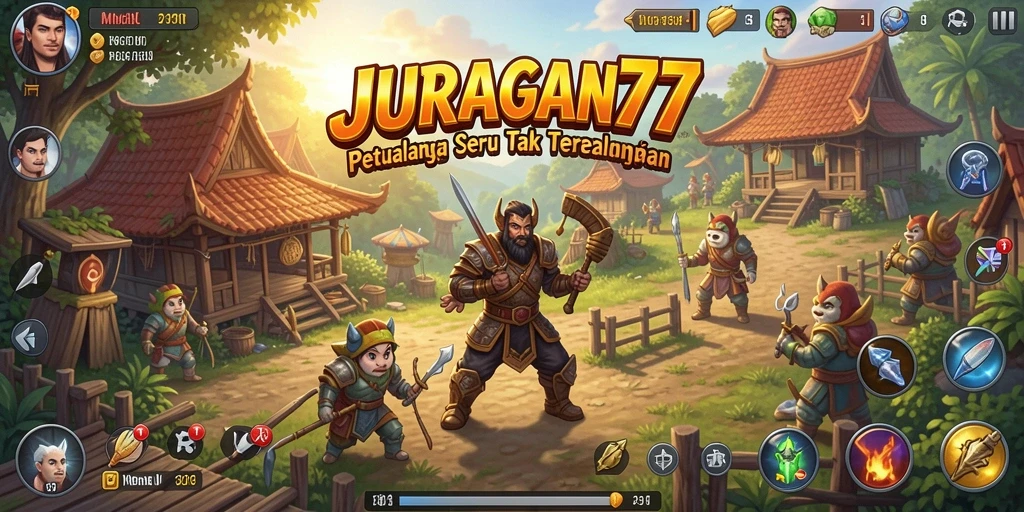 Tangkapan layar menunjukkan karakter menjelajahi hutan lebat dalam JURAGAN77.