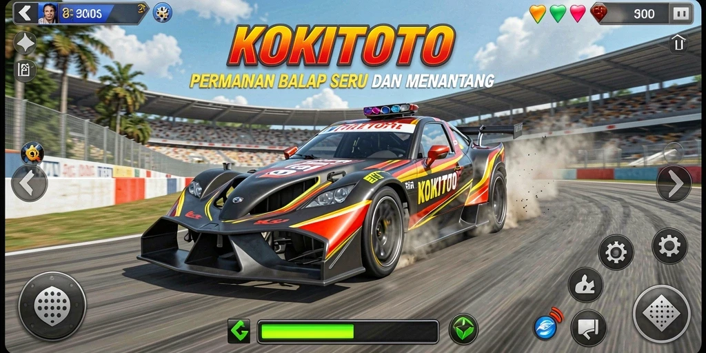 Screenshot KOKITOTO menampilkan aksi balapan yang seru dan mendebarkan.