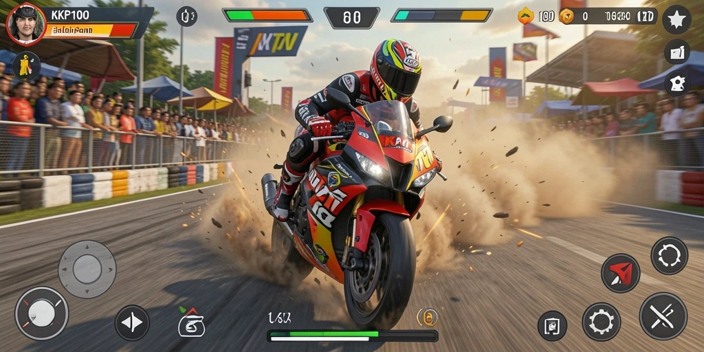 Screenshot gameplay KPK100 menampilkan aksi balapan motor yang mendebarkan.