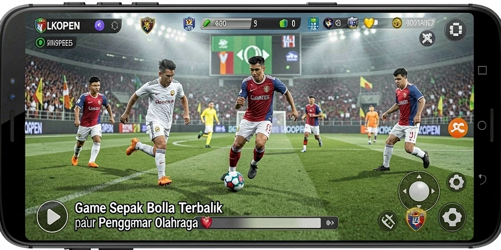 Tampilan gameplay LKOPEN yang penuh aksi di lapangan sepak bola.