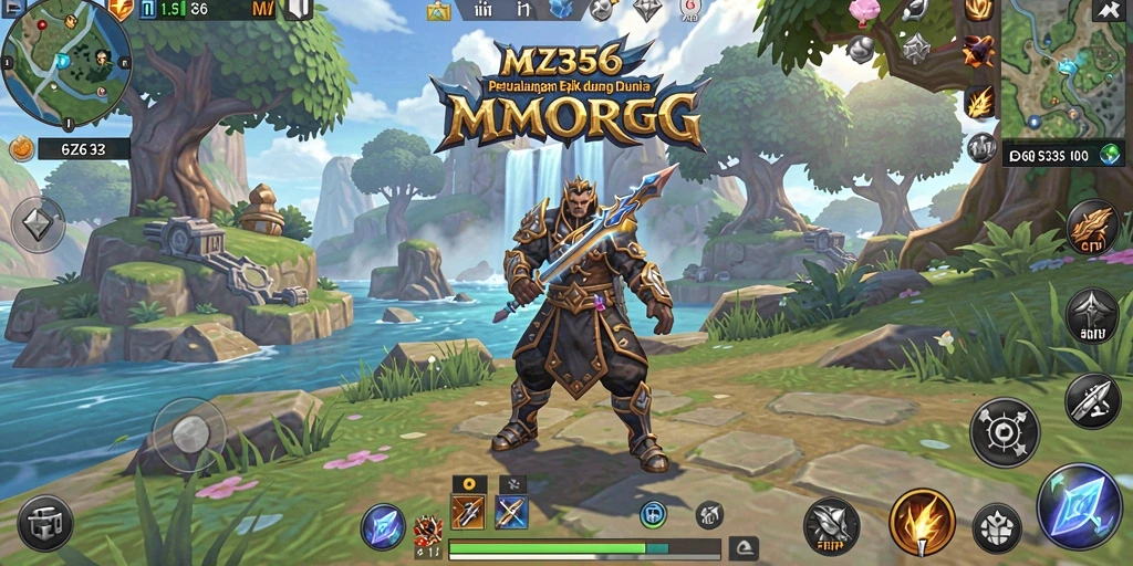 Tangkapan layar utama MZ356 menampilkan aksi melawan monster dalam dunia MMORPG.
