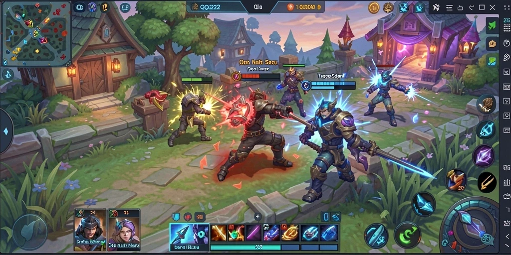 Screenshot permainan <strong>QQ222</strong> yang menunjukkan aksi MOBA intens.