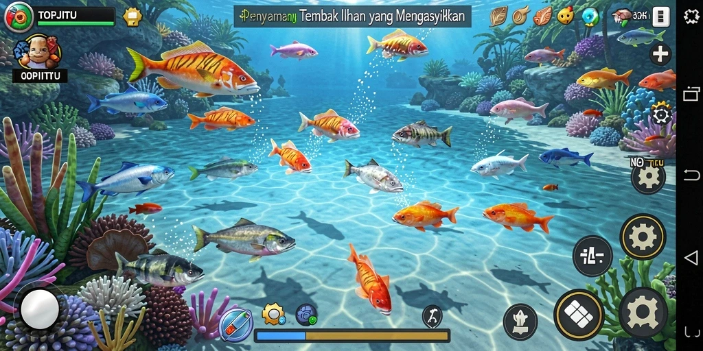 Tangkapan layar gameplay TOPJITU yang menampilkan aksi tembak ikan yang seru.