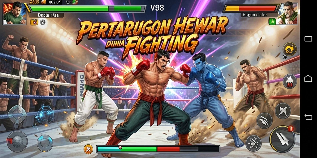 Screenshot V98 memperlihatkan pertarungan seru dengan karakter bertarung di arena.